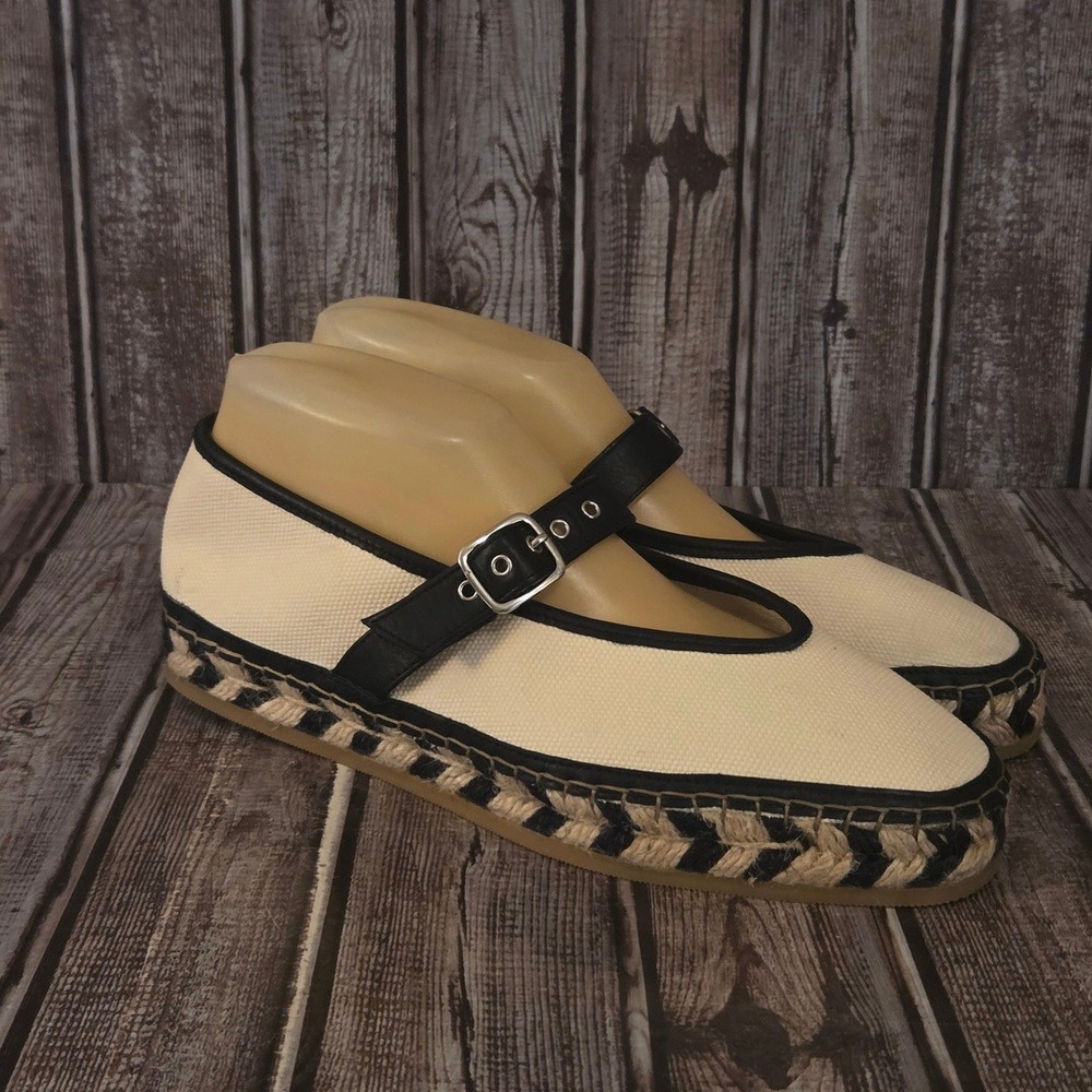 Sz 8.5 Madewell Cream Black Canvas Mary Jane Espadrille Platform Shoes VGUC